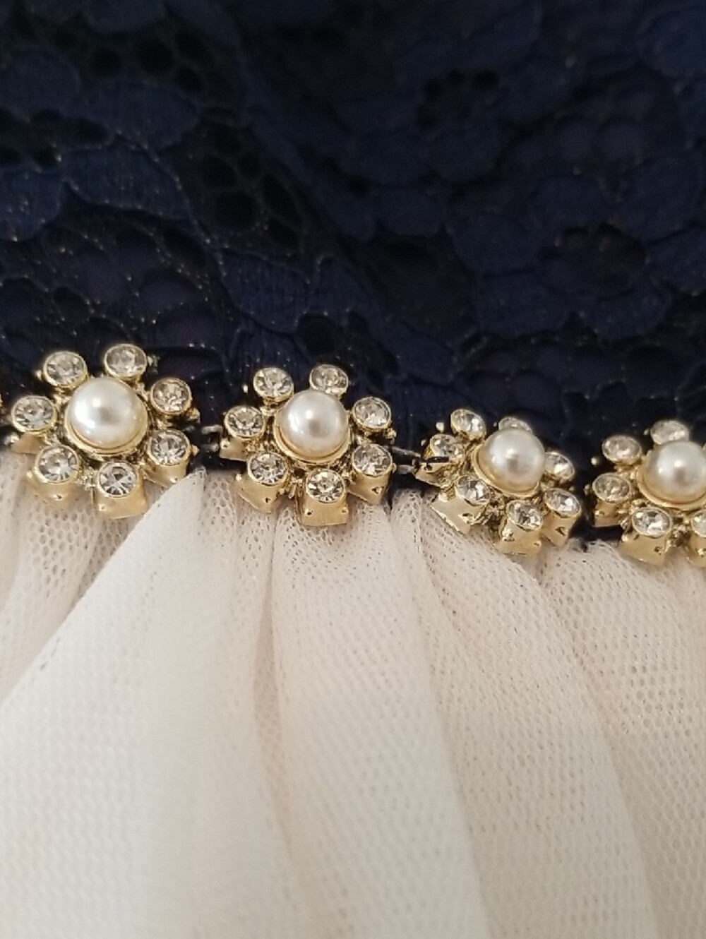 American Princess Navy and White Lace Pearl Trim Dress - Picture 3 of 8